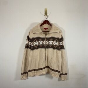 Vintage Chaps Denim Western Zip Up Knit Sweater Cape Collar XL Retro Cozy Brown